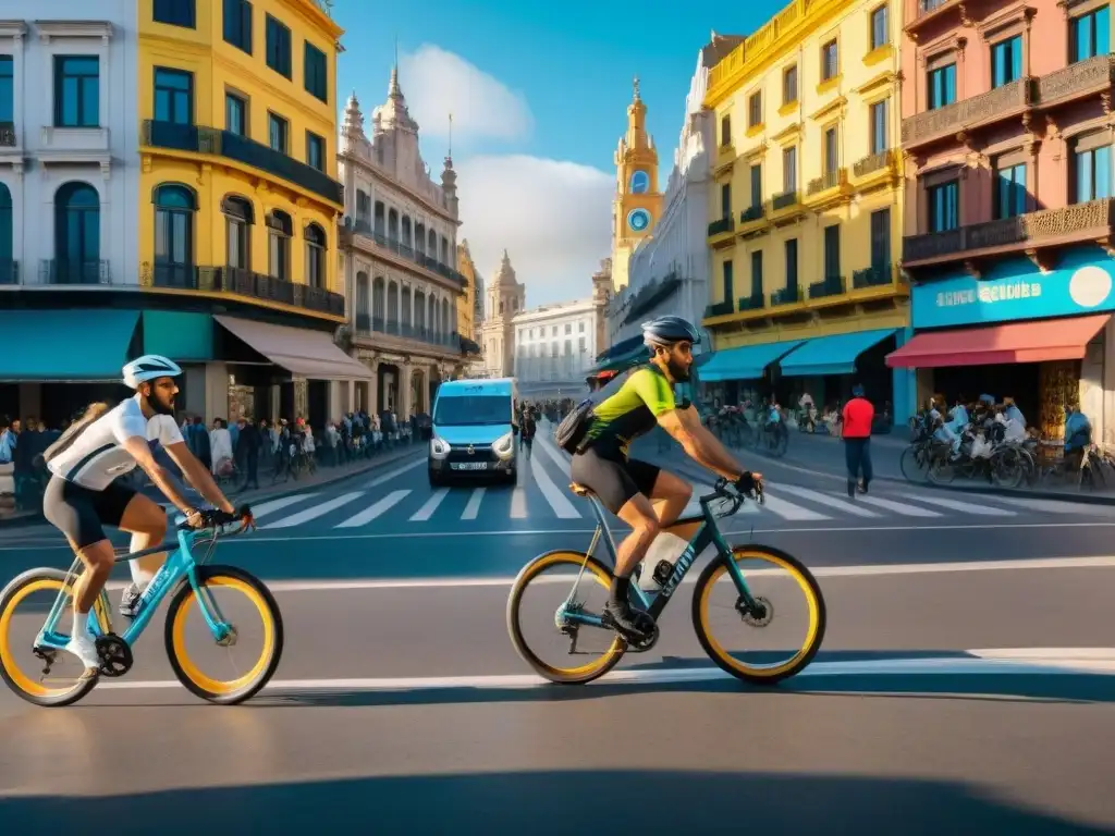 Un vibrante paseo en bicicleta por Montevideo, destacando su arquitectura y arte urbano, con ciclistas coloridos y emblemáticos puntos de la ciudad