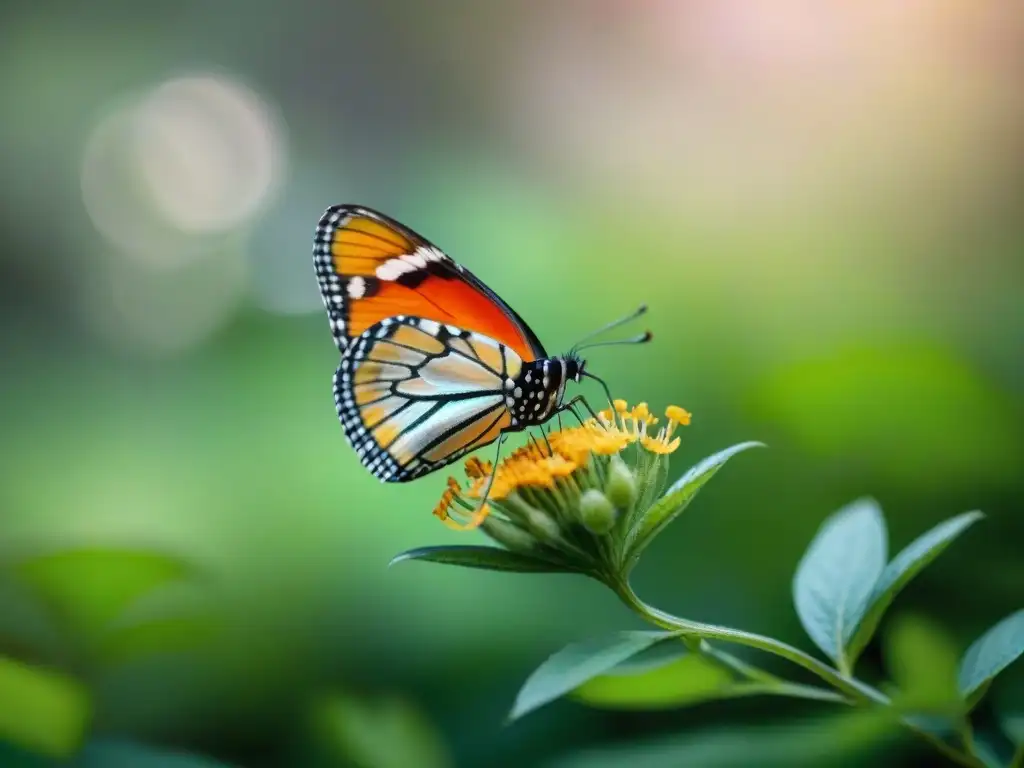 Mariposa vibrante posada en flor silvestre en un claro soleado del bosque