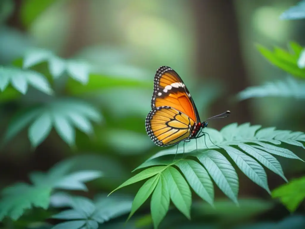 Mariposa vibrante posada en hoja verde, detalles y colores brillan bajo suave luz del bosque