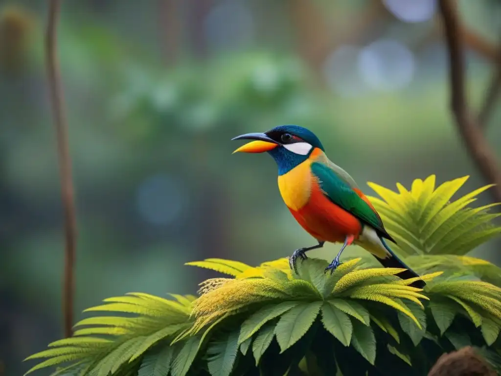 Un Tucutucu vibrante en rama verde de un bosque uruguayo, detallado y colorido