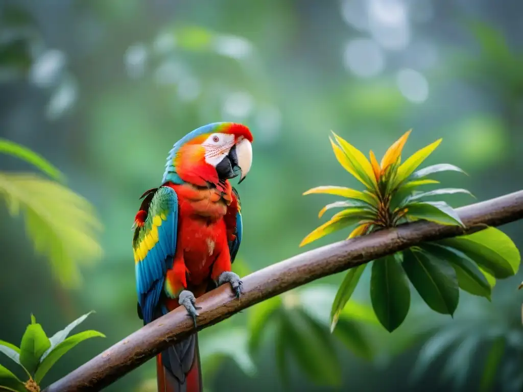 Un vibrante Guacamayo Escarlata en una rama verde en la selva tropical de Uruguay