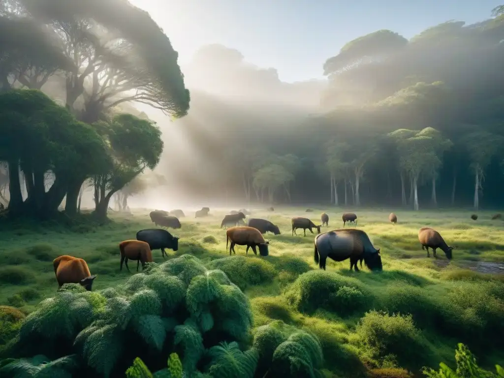 Vida silvestre en Uruguay: paisaje sereno con bosque exuberante, capibaras y aves coloridas en su hábitat natural