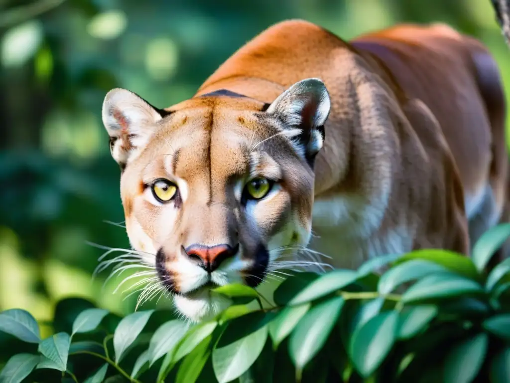 Vida silvestre en Uruguay: un puma majestuoso acechando en un bosque soleado, mostrando su belleza y gracia