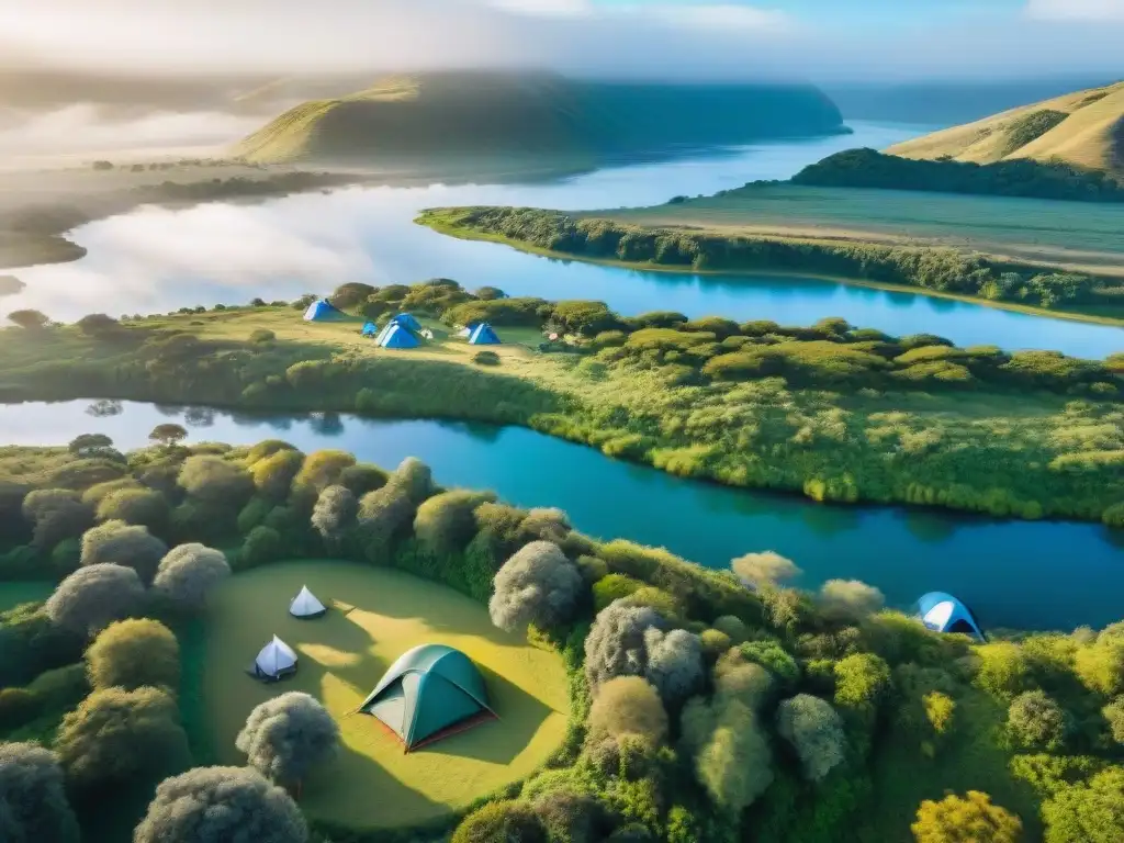 Vista aérea de un camping en Uruguay, con campistas disfrutando de la naturaleza y actividades al aire libre