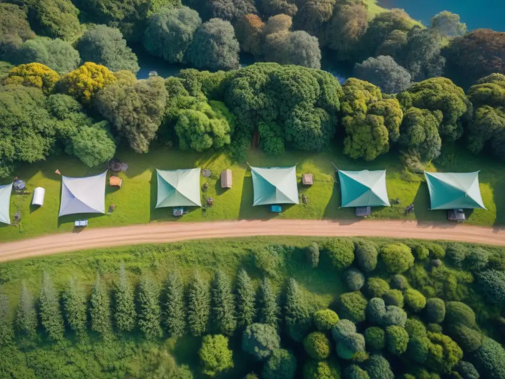 Vista aérea de camping en Uruguay con impacto ambiental en armonía con naturaleza