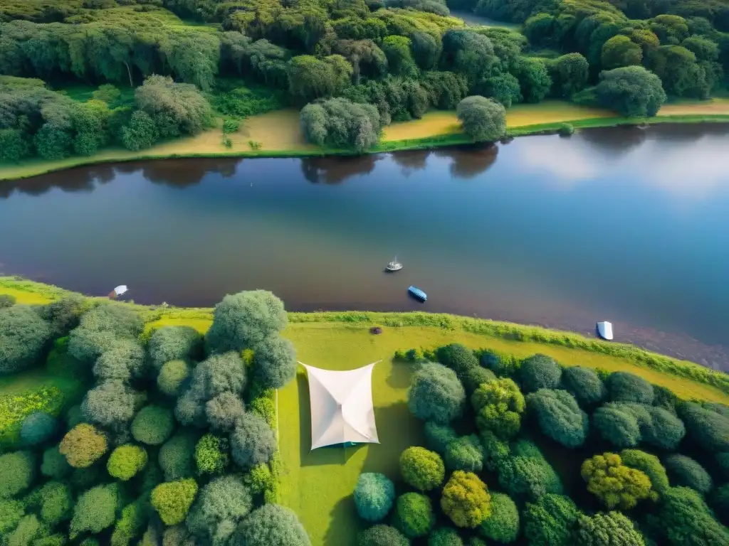 Vista aérea del camping en Uruguay con naturaleza exuberante, río sereno y coloridas tiendas de campaña, capturado por un dron