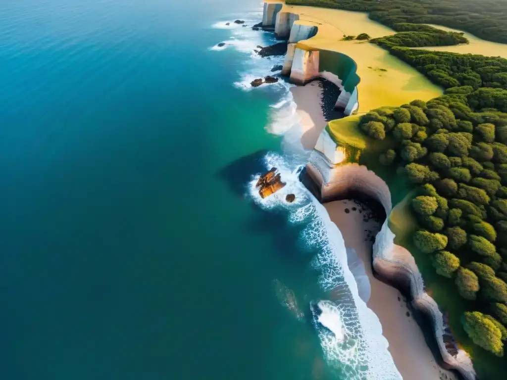 Vista aérea de la costa uruguaya con dron y accesorios de camping