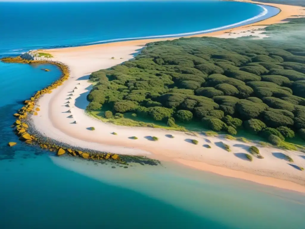 Vista aérea de la costa de Uruguay con gaviotas sobre aguas azules, ideal para los amantes de la naturaleza y los drones