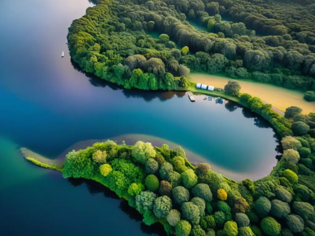 Vista aérea detallada de un camping en Uruguay, destacando la reducción de huella ambiental con prácticas eco-friendly