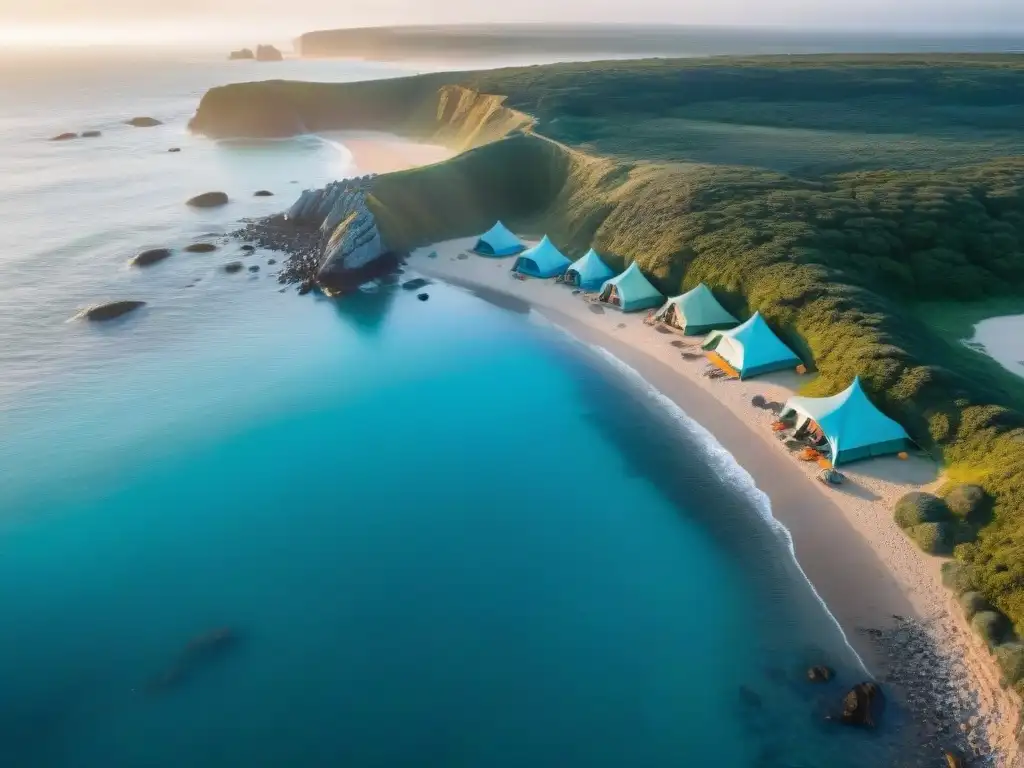 Vista aérea detallada de camping en Uruguay, con drones para explorar la costa y acampar al atardecer