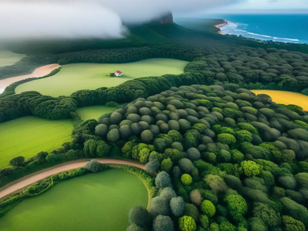 Vista aérea de la diversidad de paisajes de Uruguay con colinas verdes, playas y campings tradicionales