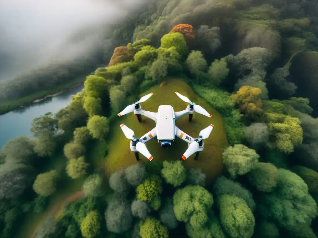 Vista aérea de un dron sobre un bosque verde al atardecer en Uruguay con accesorios de camping