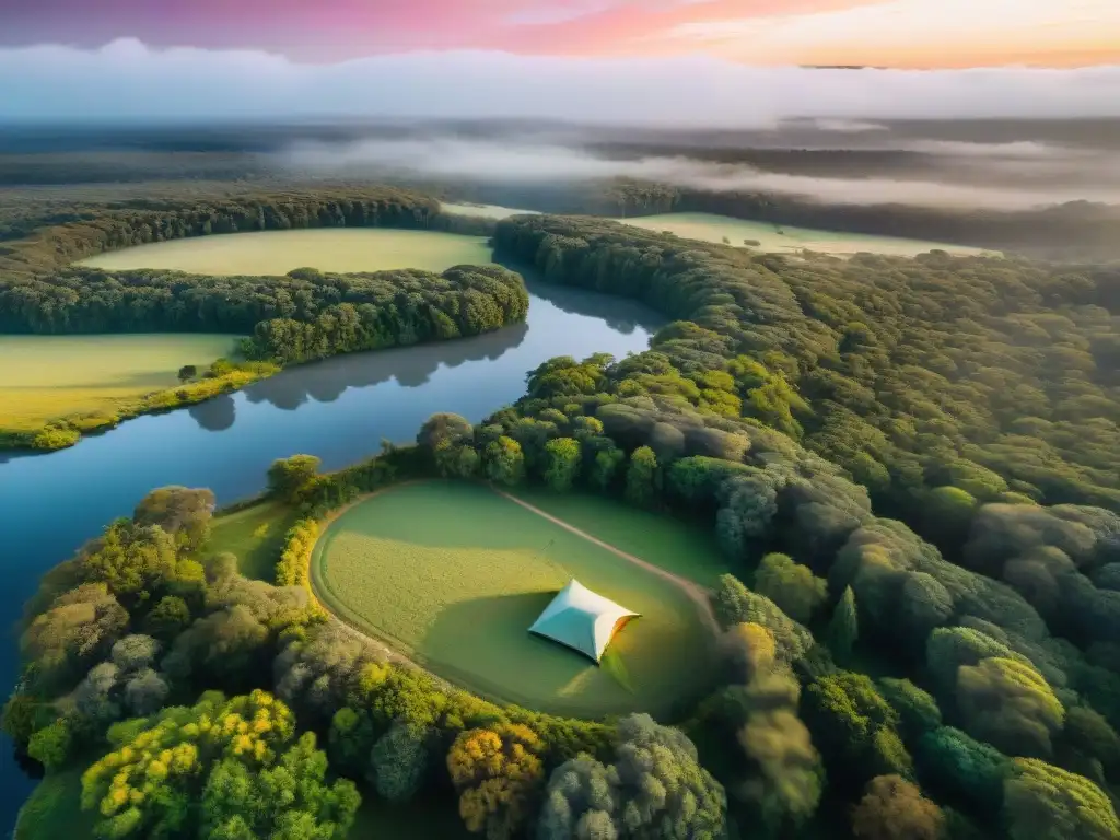 Vista aérea de un dron sobre un campamento en la naturaleza de Uruguay al atardecer