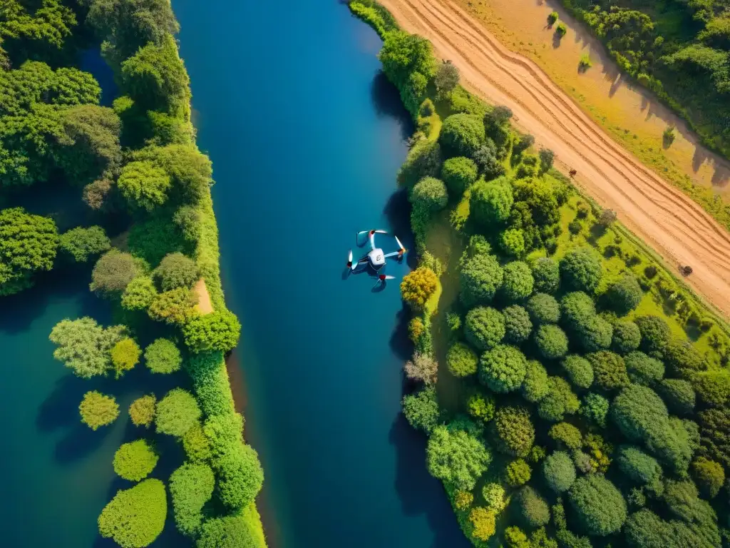 Vista aérea de un drone sobre paisaje diverso en Uruguay, con camping, río sereno, actividades tradicionales y fusión de tecnología y tradiciones