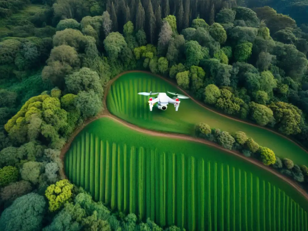 Vista aérea de un drone sobre selva uruguaya, resaltando configuraciones cámara para drones en Uruguay