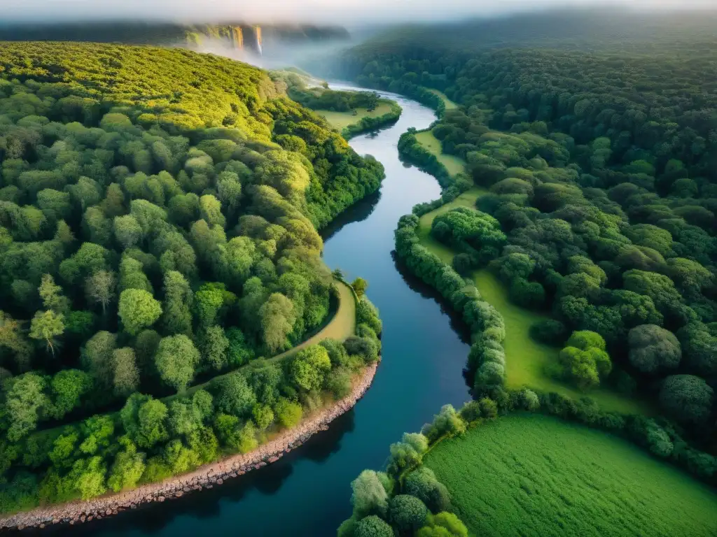 Vista aérea de un exuberante bosque en Uruguay con río, camping y hornillos portátiles para acampar en la naturaleza