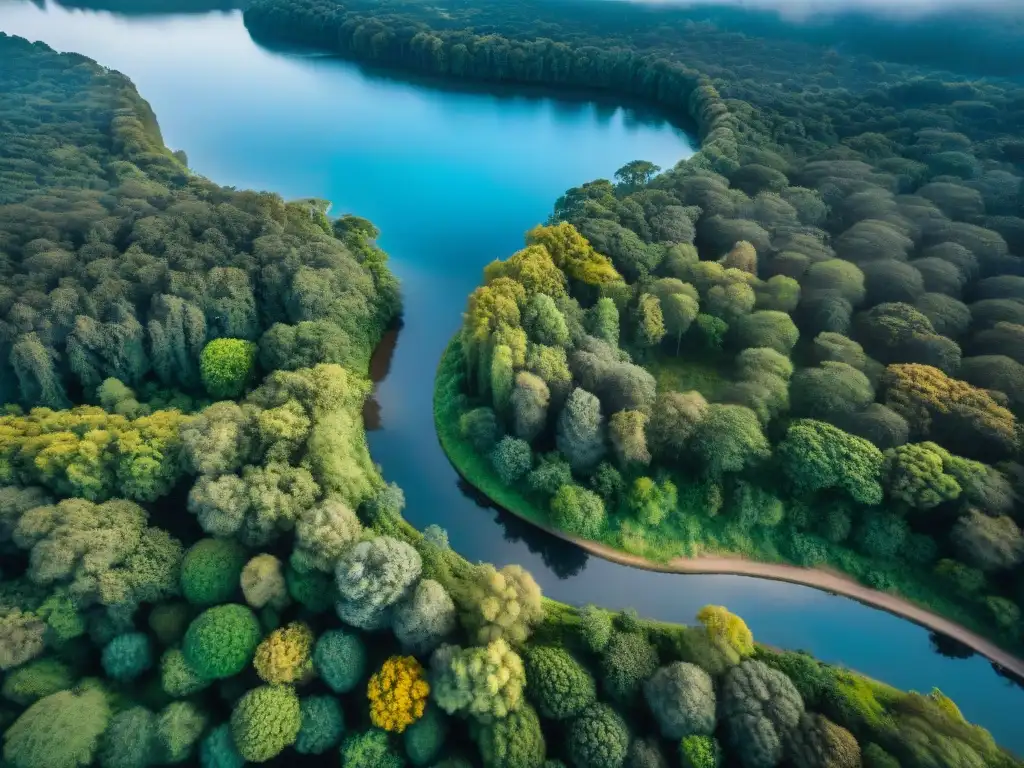 Vista aérea de un exuberante bosque en Uruguay con un río serpenteante, ideal para GPS para camping en Uruguay