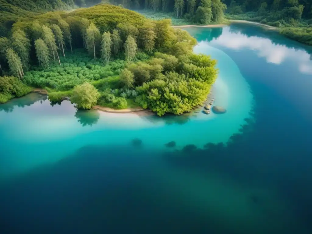 Vista aérea de fuente de agua natural rodeada de exuberante vegetación, destacando la importancia de minimizar el impacto en fuentes de agua