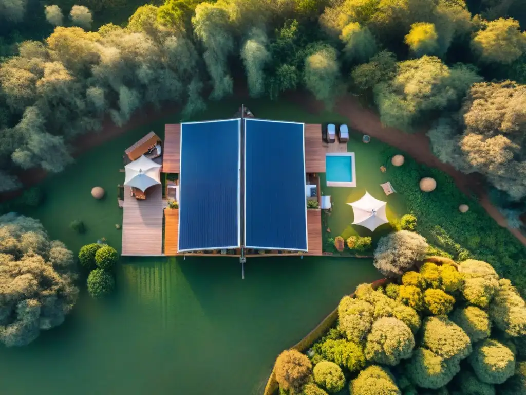 Vista aérea de un glamping ecológico en Uruguay entre vegetación nativa y huéspedes disfrutando de actividades al aire libre