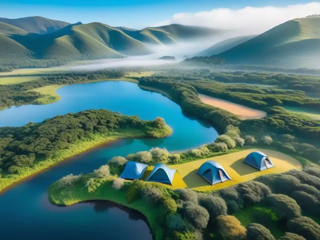 Vista aérea impactante: campamento eco en Uruguay, armonía entre naturaleza y camping responsable, con paneles solares y actividades sostenibles