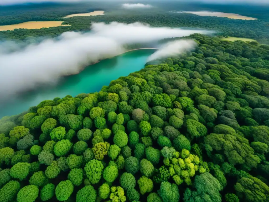 Vista aérea impresionante de áreas naturales en Uruguay, resaltando bosques verdes, ríos sinuosos y vida silvestre