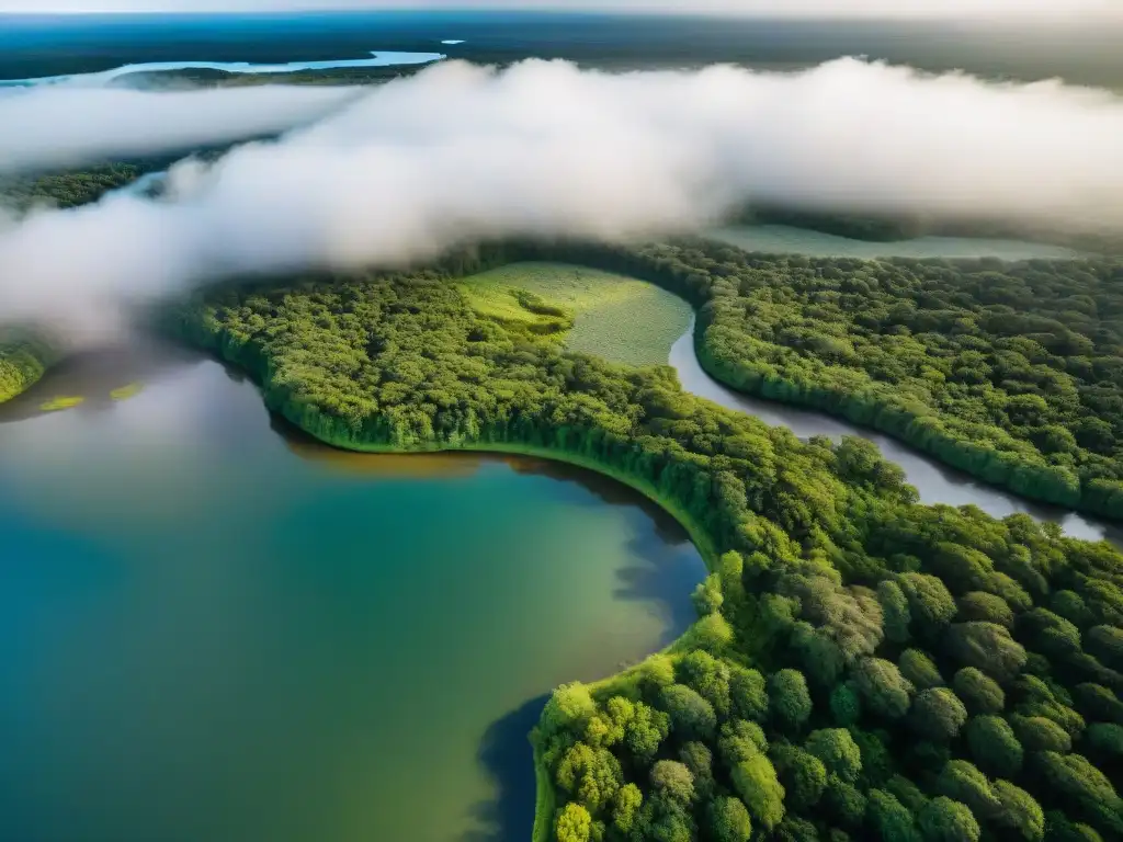 Vista aérea impresionante de áreas de conservación en Uruguay, destacando bosques verdes, ríos sinuosos y humedales vibrantes llenos de vida silvestre