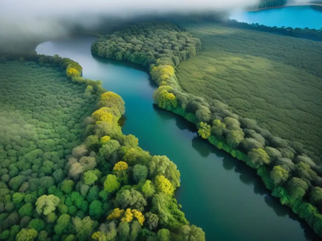 Vista aérea impresionante de áreas naturales de Uruguay, con exuberantes bosques, ríos y fauna vibrante