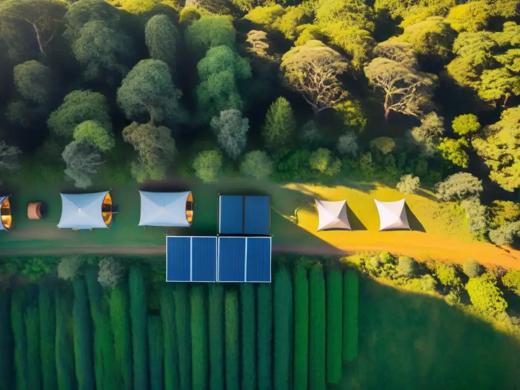 Vista aérea impresionante de un bosque verde en Uruguay con un camping sostenible y reducción huella ambiental camping Uruguay