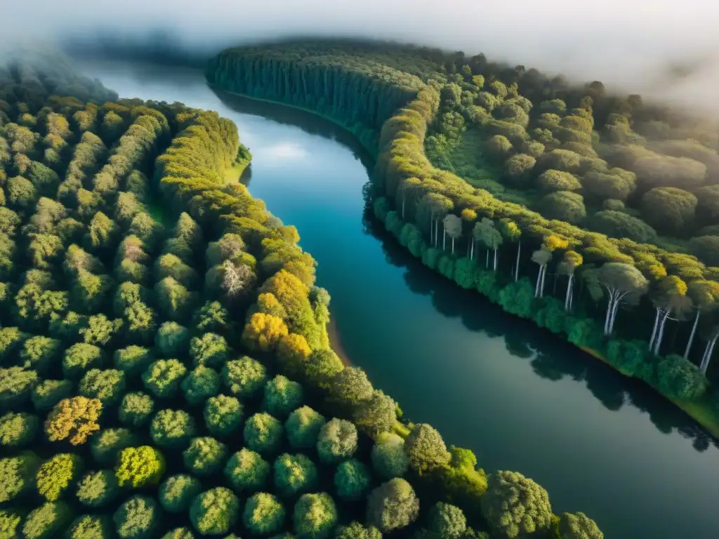 Vista aérea impresionante de un bosque verde en Uruguay con un río serpenteante, ideal para las mejores rutas camping Uruguay GPS