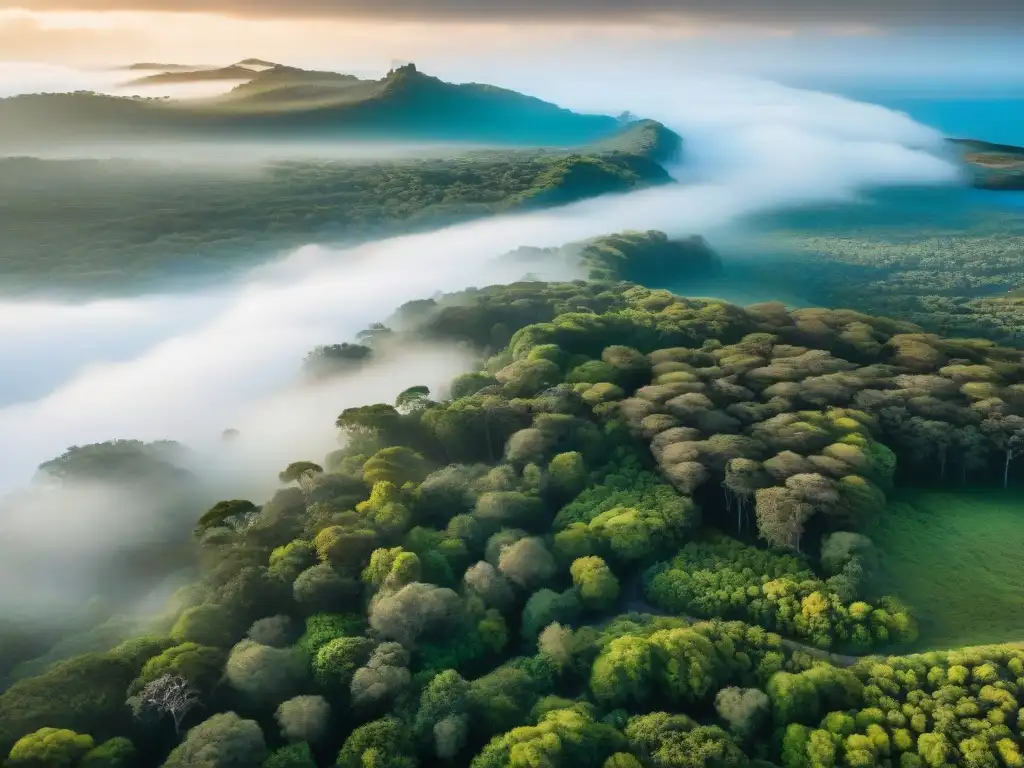 Vista aérea impresionante de bosques verdes de Uruguay y playas vírgenes, mostrando diverso ecosistema