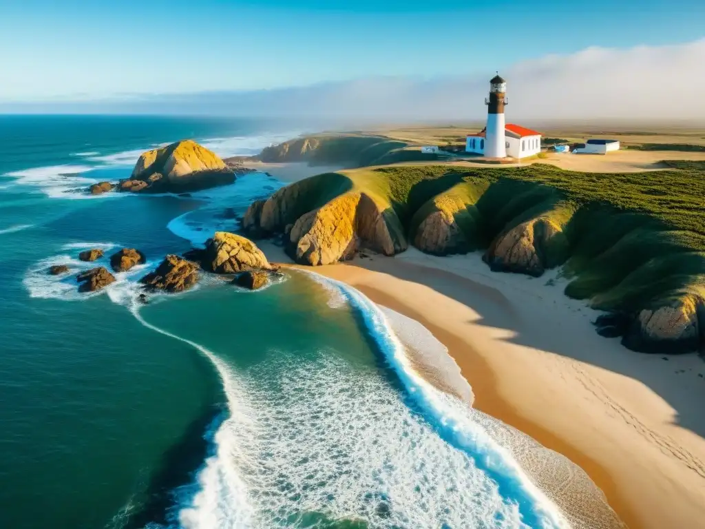 Vista aérea impresionante de Cabo Polonio en Uruguay, con su costa agreste, el faro icónico y el encanto rústico del pueblo