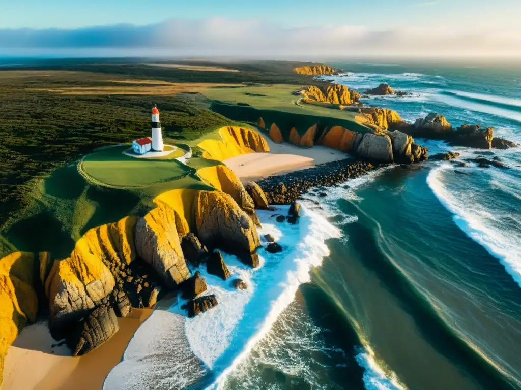 Vista aérea impresionante de Cabo Polonio en Uruguay, resaltando su costa escarpada y faro icónico desde un dron