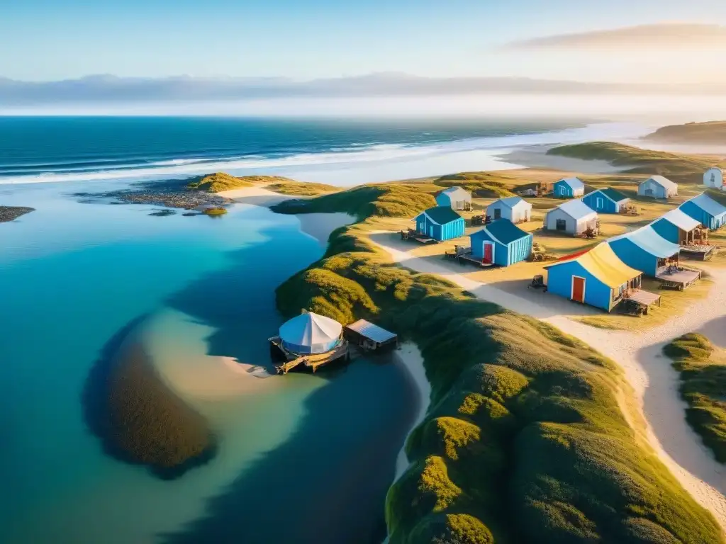 Una vista aérea impresionante de Cabo Polonio, uno de los mejores lugares para acampar en Uruguay, con cabañas coloridas, dunas y el vasto Océano Atlántico