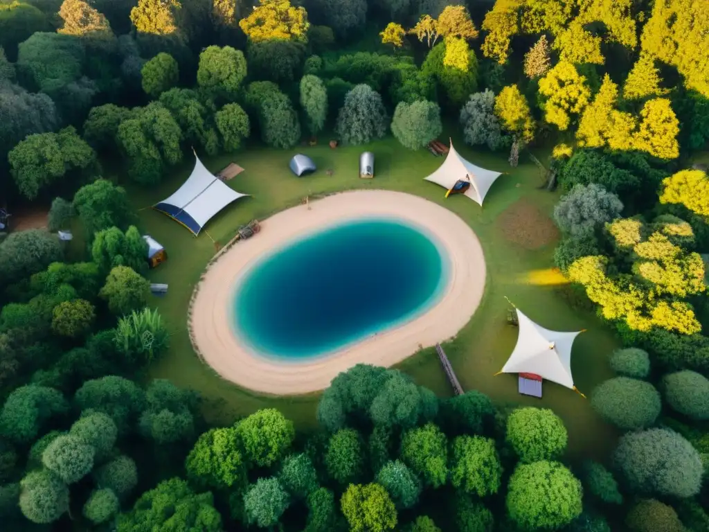 Vista aérea impresionante de un campamento sostenible en Uruguay, destacando prácticas de camping ecofriendly e impacto ambiental positivo