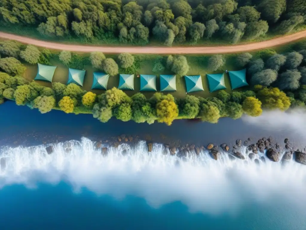 Vista aérea impresionante de un camping verde en Uruguay, rodeado de ríos y bosques