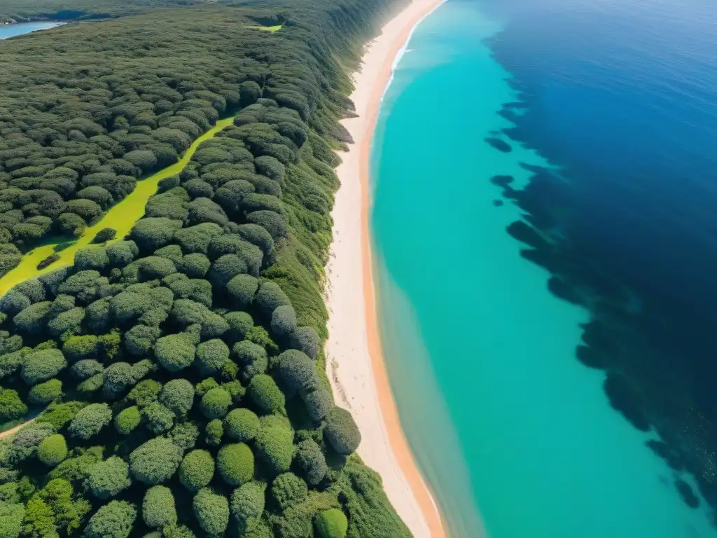 Vista aérea de la impresionante costa de Punta del Este, Uruguay, con playas doradas, aguas turquesas y acantilados verdes