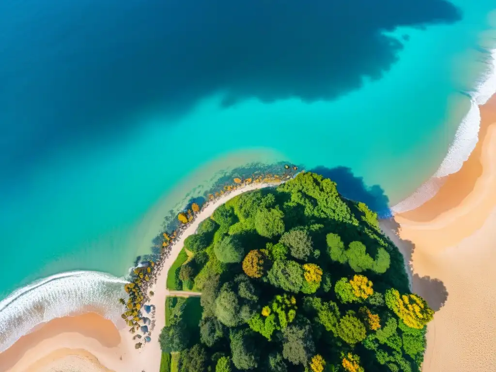 Vista aérea de la impresionante costa de Uruguay con aguas turquesas, playas doradas y un vibrante atardecer