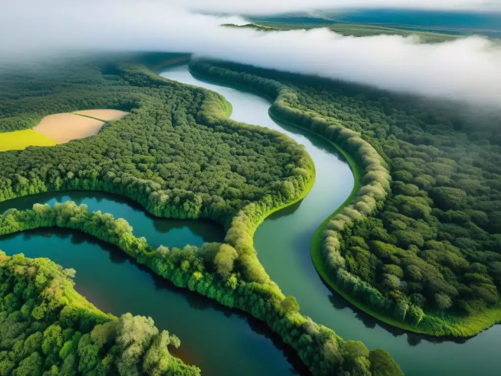 Vista aérea impresionante de la cultura indígena en camping Uruguay, con río serpenteante y comunidad nativa