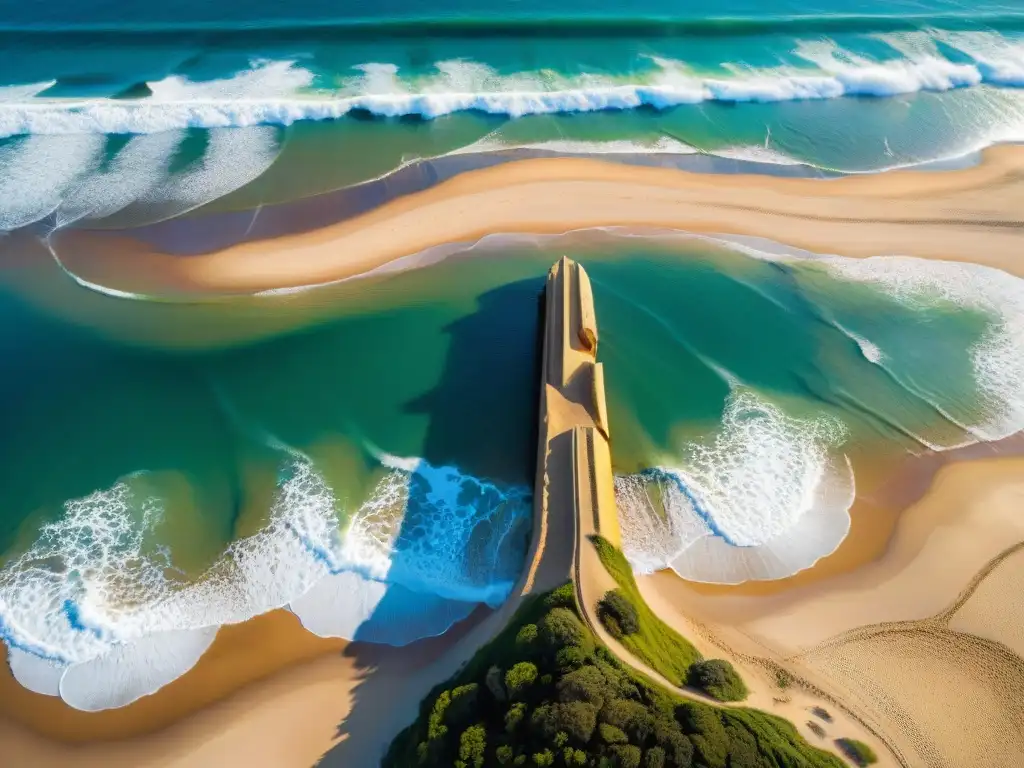 'Vista aérea impresionante de los dedos de la icónica escultura emergiendo de la playa de Punta del Este, con el vasto Océano Atlántico al fondo