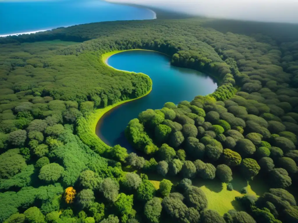 Una vista aérea impresionante de un denso bosque verde en Uruguay, con rayos de sol filtrándose a través del dosel, reflejando en un río serpenteante