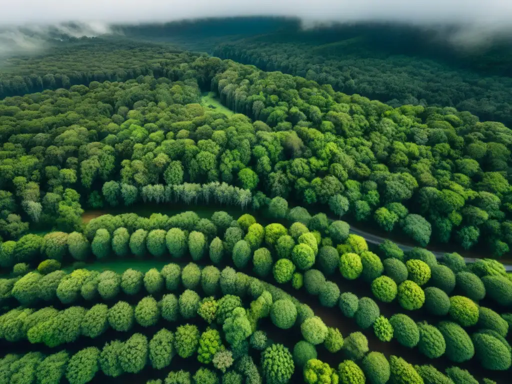 Una vista aérea impresionante de un exuberante bosque verde en Uruguay, resaltando la importancia de la reforestación en camping Uruguay