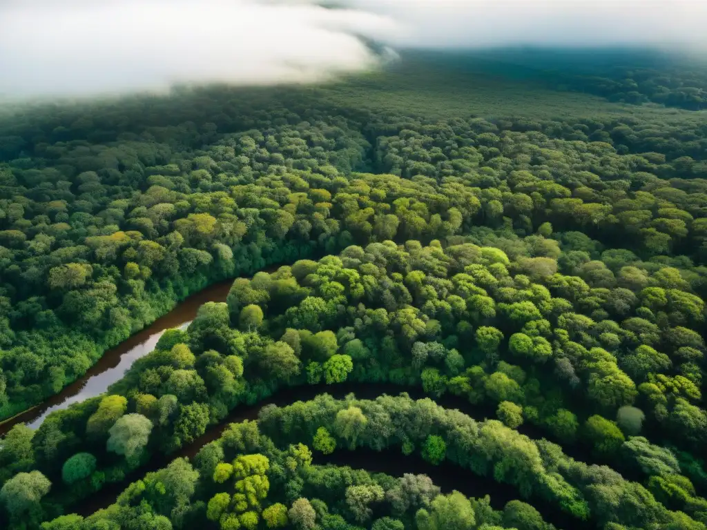 Vista aérea impresionante del exuberante bosque en Áreas de Conservación en Uruguay, con ríos serpenteantes y hábitats silvestres diversos