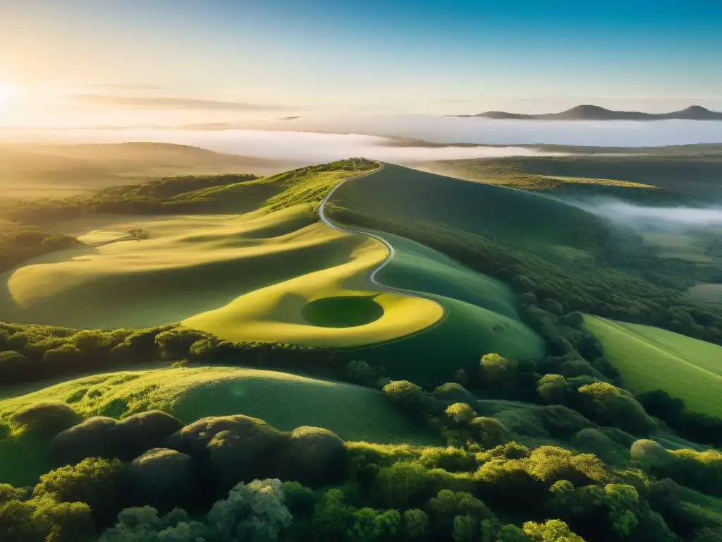 Vista aérea impresionante de lugares para meditar en Uruguay con paisajes verdes y serenos al atardecer