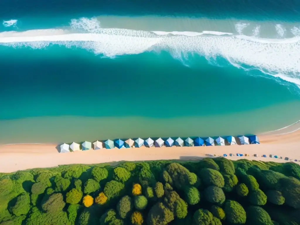 Vista aérea impresionante de las mejores playas camping en Uruguay con tiendas coloridas en la costa, aguas azules y arena dorada