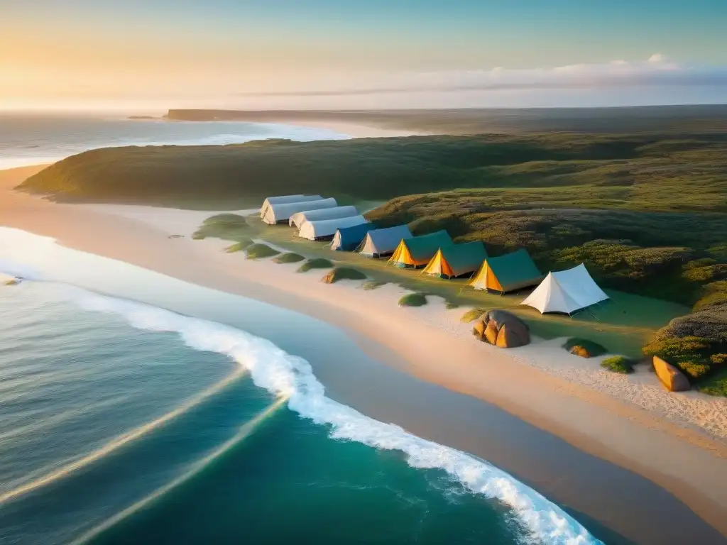 Vista aérea impresionante del Parque Nacional Cabo Polonio al atardecer en Uruguay