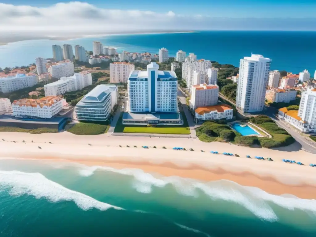 Vista aérea impresionante de Punta del Este, Uruguay, con suites de tiendas de lujo junto al mar