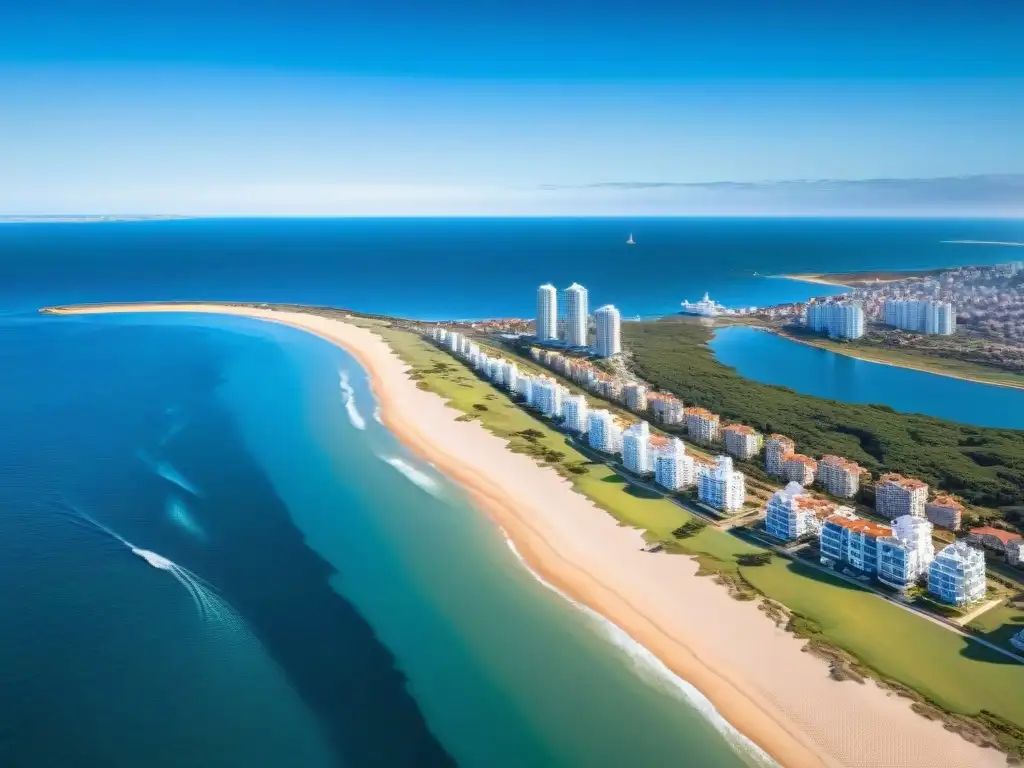 Vista aérea impresionante de Punta del Este con la costa, yates en la marina y la icónica escultura de la mano emergiendo de la arena