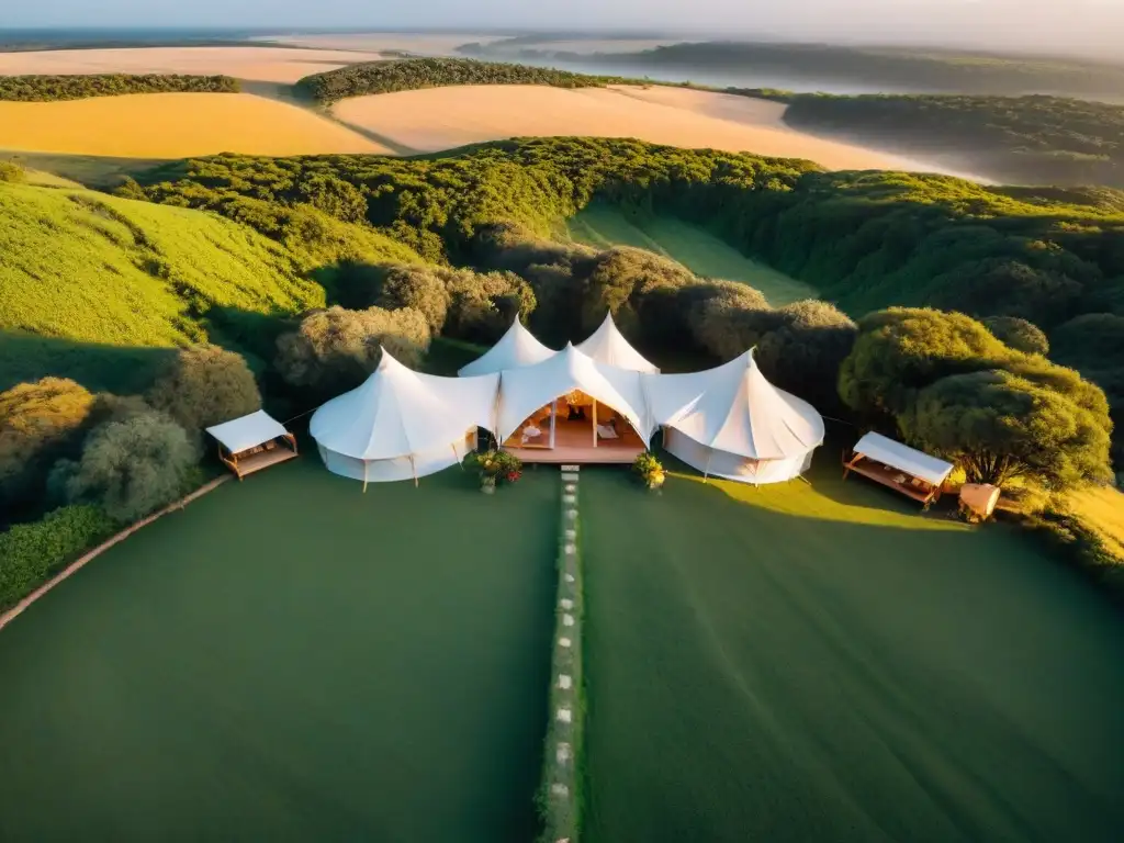 Vista aérea de lujosas tiendas de glamping en Uruguay para principiantes, bañadas por la cálida luz del atardecer