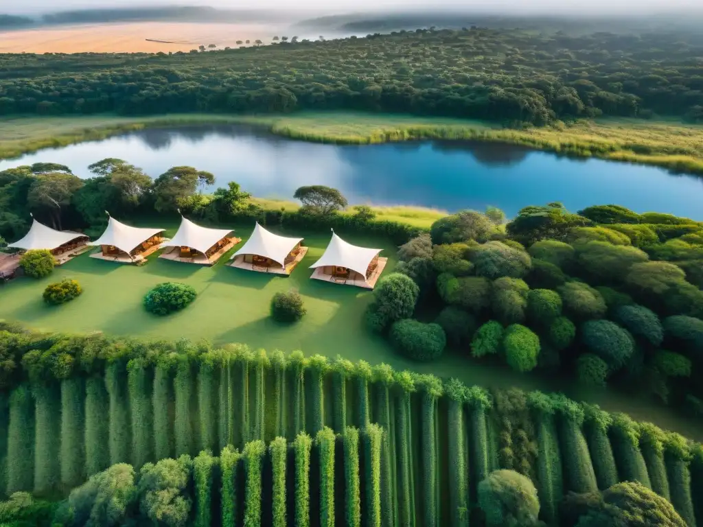 Vista aérea de un lujoso glamping en Uruguay, tiendas safari elegantes en un entorno natural