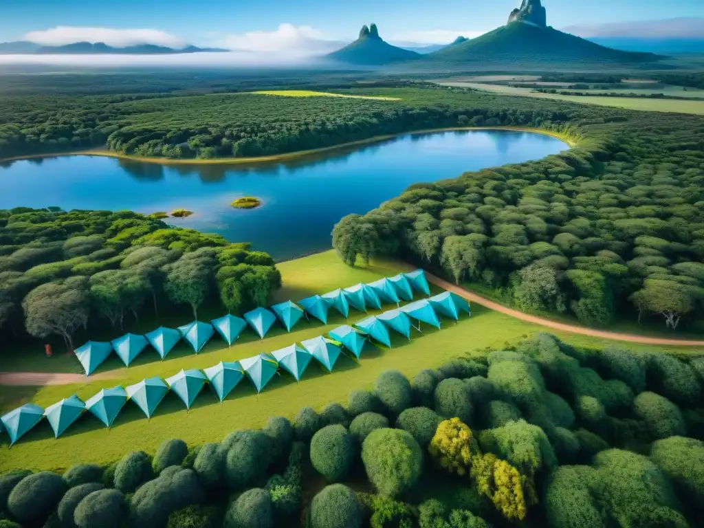 Vista aérea de uno de los mejores sitios de camping en Uruguay, con tiendas coloridas entre árboles verdes y un río sereno, bajo un cielo azul